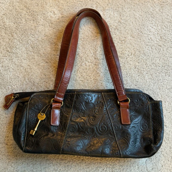 Fossil Bags Vintage Fossil Purse 954 Black Paisley With Brown Leather Straps Poshmark